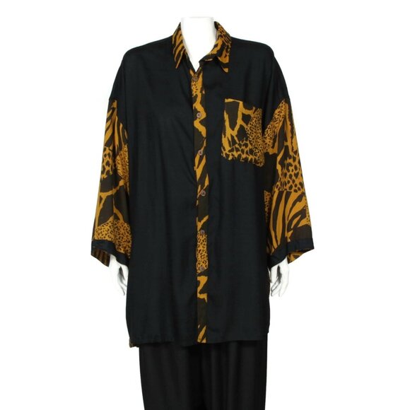 Vintage 80s Leopard Multi-print Oversize Blouse Pants White Lotus Ok Mike OS 206 - Picture 3 of 10